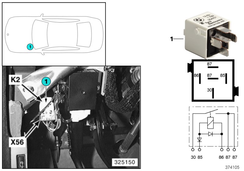 Реле рупорного звукового сигнала K2 для BMW E39 530d M57 (схема запчастей)