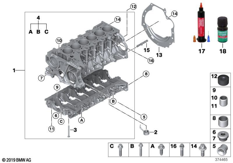 Блок-картер двигателя для BMW F87N M2 Competition S55 (схема запчастей)