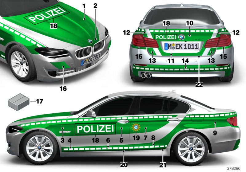 Наклейка на полицейский автомобиль для BMW F10N 520i N20 (схема запчастей)