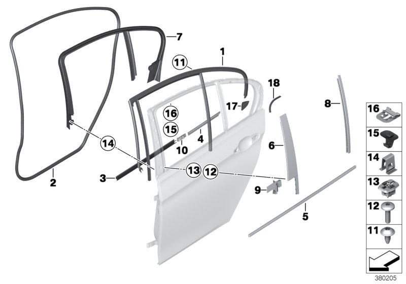 Накладки и уплотнения двери Зд для BMW F31N 320dX B47 (схема запчастей)