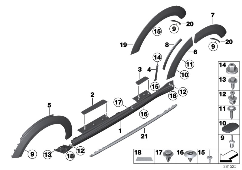 Накладка порог / арка колеса для BMW R61 Cooper ALL4 N18 (схема запчастей)