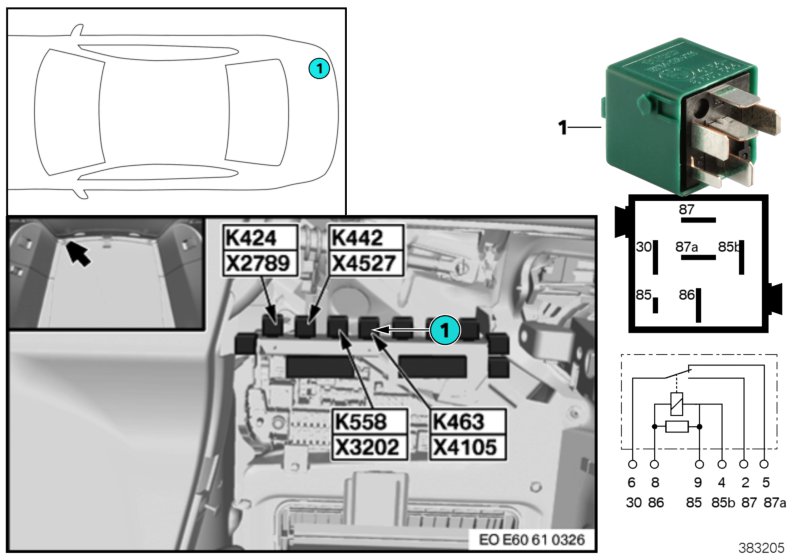Реле радиосигнала / сирены K463 для BMW E61 530d M57N2 (схема запчастей)