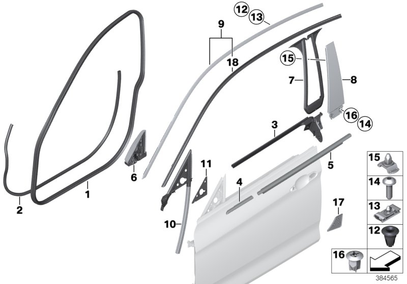 Накладки и уплотнения двери Пд для BMW F34N 330i B48 (схема запчастей)