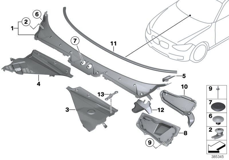 Обшивка обтекателя Наруж для BMW F22 220d N47N (схема запчастей)
