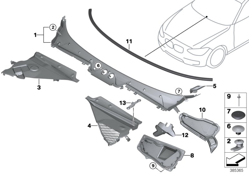 Обшивка обтекателя Наруж для BMW F20N 125i N20 (схема запчастей)
