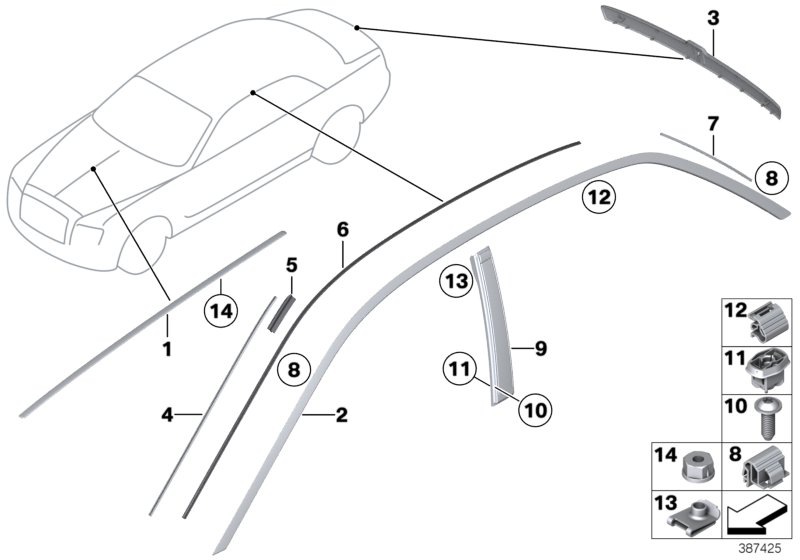 Наружные накладки / декоративные решетки для BMW RR4 Ghost EWB N74R (схема запчастей)