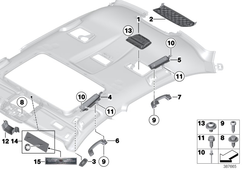 Доп.элементы потолка для BMW F04 Hybrid 7 N63 (схема запчастей)
