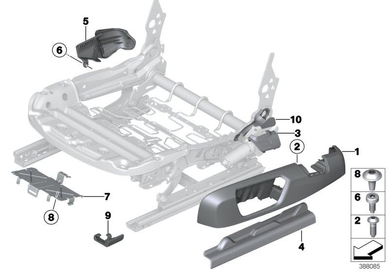 Накладка переднего сиденья с э/приводом для BMW F30N 330i B48 (схема запчастей)