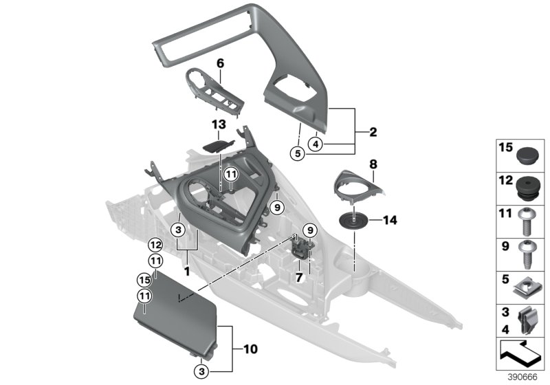 Доп.элементы центральной консоли для BMW I15 i8 B38X (схема запчастей)