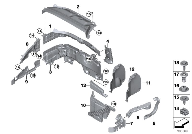 Дополнительные элементы моторного отсека для BMW F45N 220d B47 (схема запчастей)