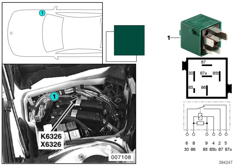 Разгрузочное реле контакта 15 K6326 для BMW E39 540iP M62 (схема запчастей)