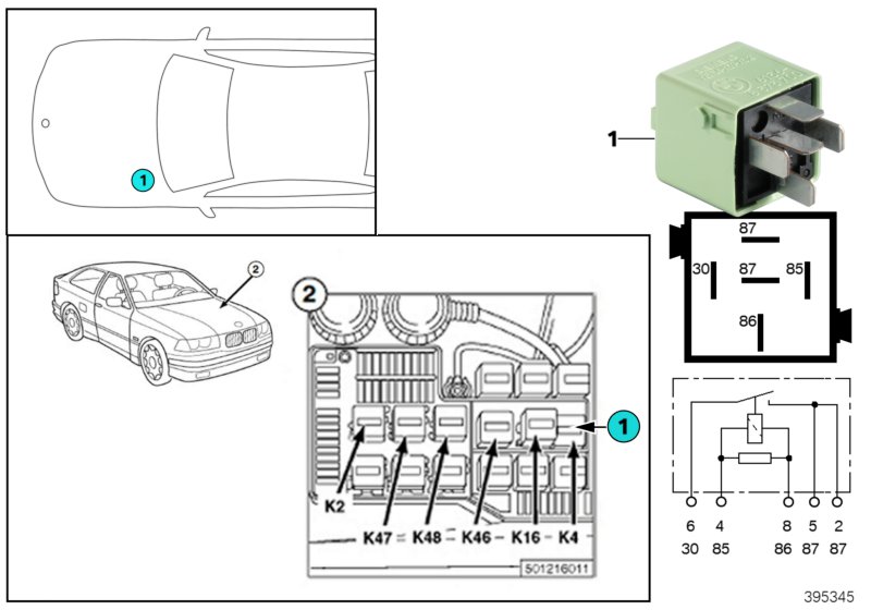 Реле вентилятора отопителя K4 для BMW E36 323i M52 (схема запчастей)
