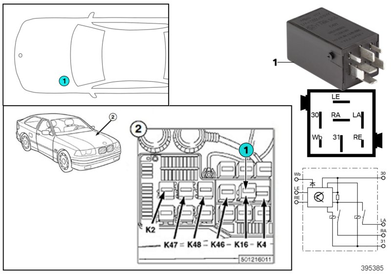 Реле аварийного светового сигнала K16 для BMW E36 318ti M42 (схема запчастей)