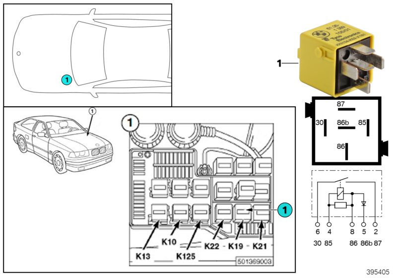 Реле компрессора кондиционера K19 для BMW E36 325i M50 (схема запчастей)