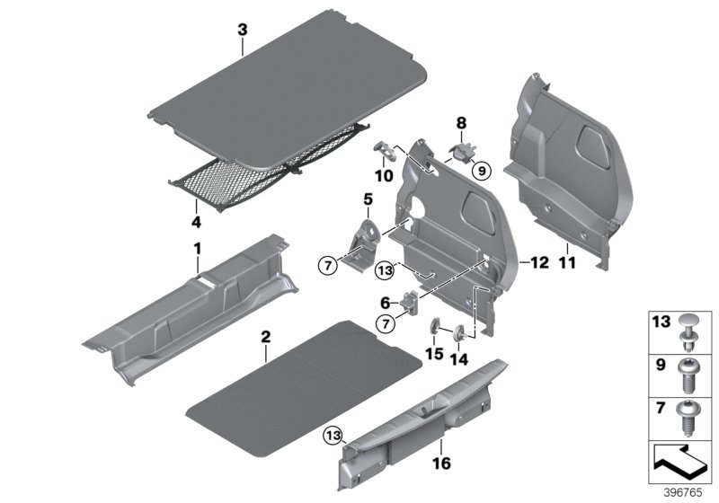 Обшивка багажного отделения для BMW F55 One B38 (схема запчастей)