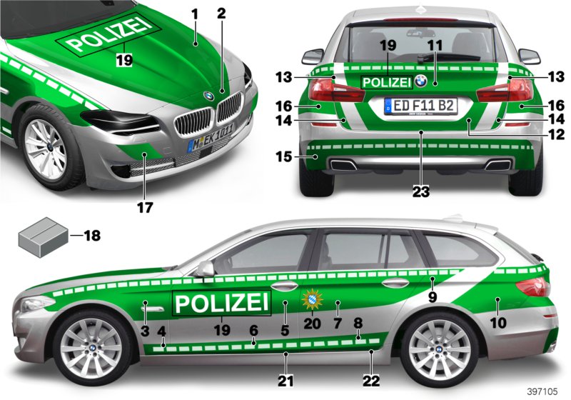Наклейка на полицейский автомобиль для BMW F11N 520d B47 (схема запчастей)