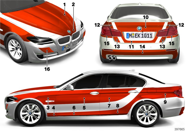 Наклейка скорой помощи для BMW F10N 535d N57Z (схема запчастей)