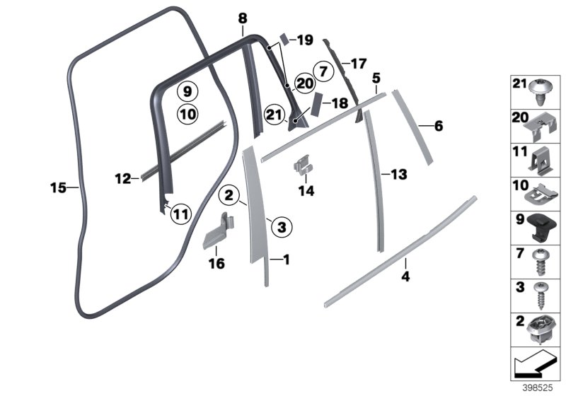 Накладки и уплотнения двери Зд для BMW F26 X4 20dX B47 (схема запчастей)