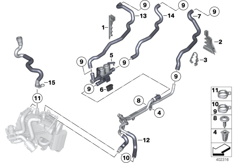 Шланги ОЖ автономной системы отопления для BMW F10 523i N52N (схема запчастей)