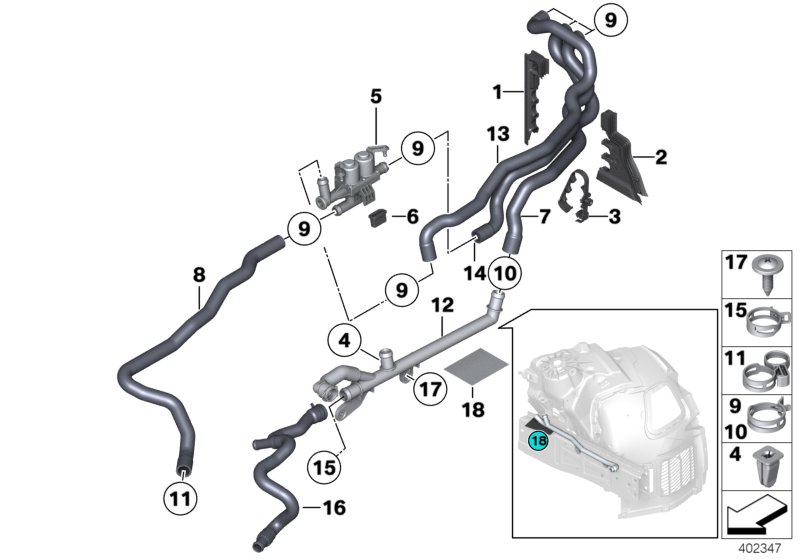 Шланги ОЖ автономной системы отопления для BMW F02N 750Li N63N (схема запчастей)