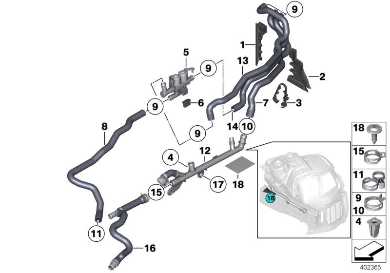 Шланги ОЖ автономной системы отопления для BMW F13N 640i N55 (схема запчастей)