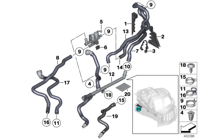 Шланги ОЖ автономной системы отопления для BMW F11 535d N57Z (схема запчастей)