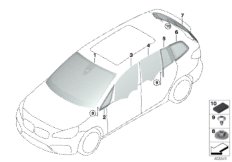 Остекление для BMW F46 218i B38C (схема запасных частей)