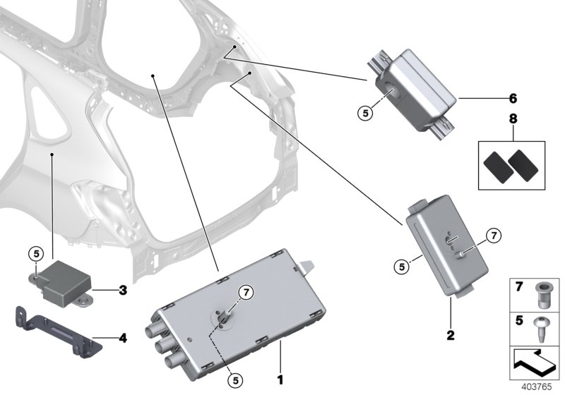 Детали антенного усилителя для BMW F46N 218dX B47 (схема запчастей)