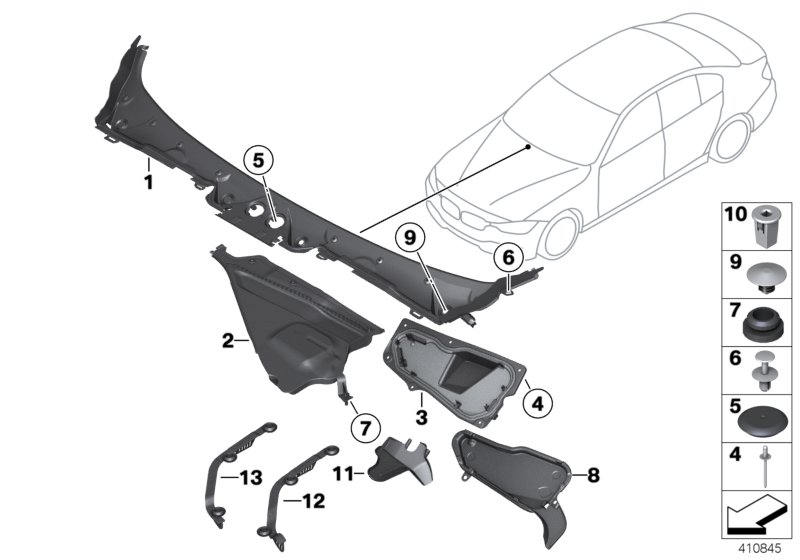 Обшивка обтекателя Наруж для BMW F36 420i B48 (схема запчастей)