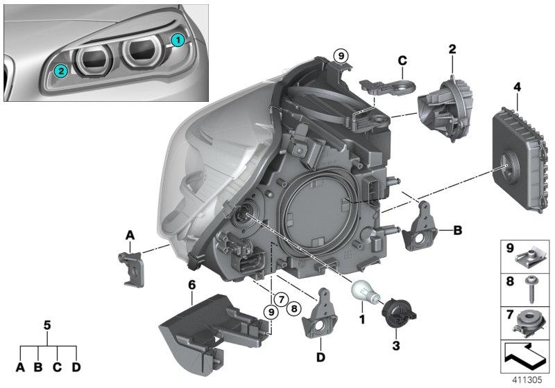 Детали светодиодной фары для BMW F45 214d B37 (схема запчастей)