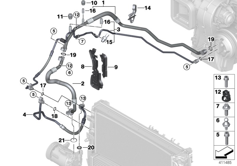 Трубопроводы хладагента для BMW F45 216i B38 (схема запчастей)