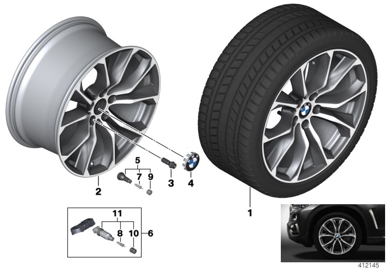 Л/c диск BMW с V-обр.спиц.диз.597 - 20'' для BMW F16 X6 30dX N57N (схема запчастей)