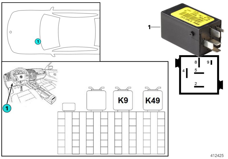Реле задних противотуманных фонарей K49 для BMW E36 320i M50 (схема запчастей)