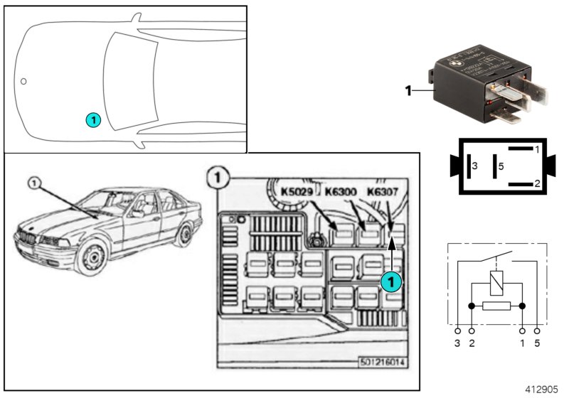 Реле определения пуска K6307 для BMW E36 M3 3.2 S50 (схема запчастей)
