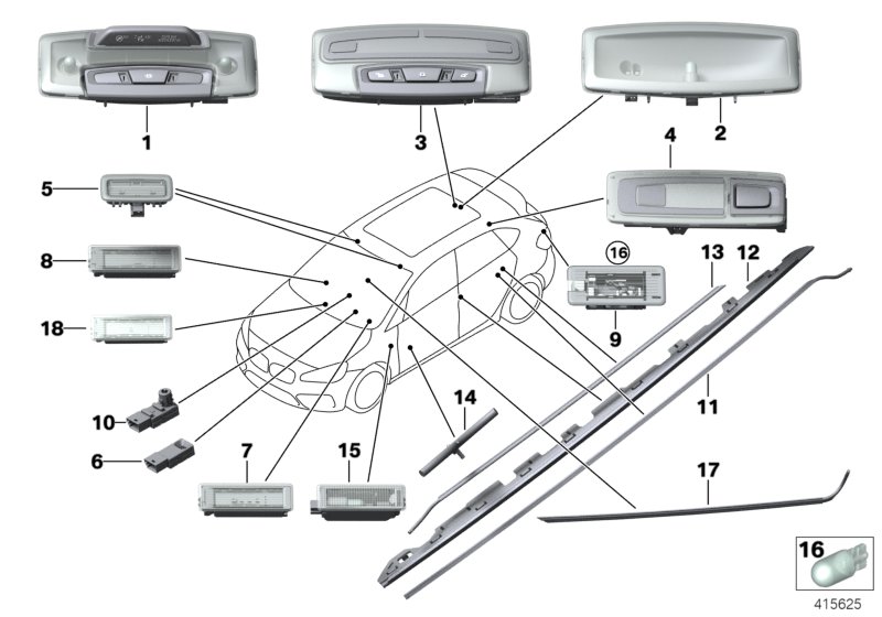 Различные огни для BMW F46 216i B38 (схема запчастей)