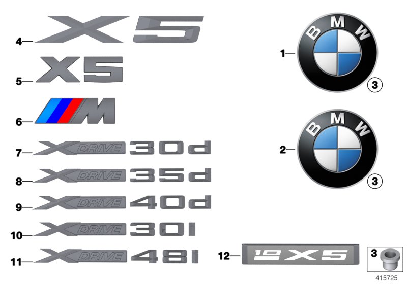 Эмблемы / надписи для BMW E70 X5 3.0si N52N (схема запчастей)