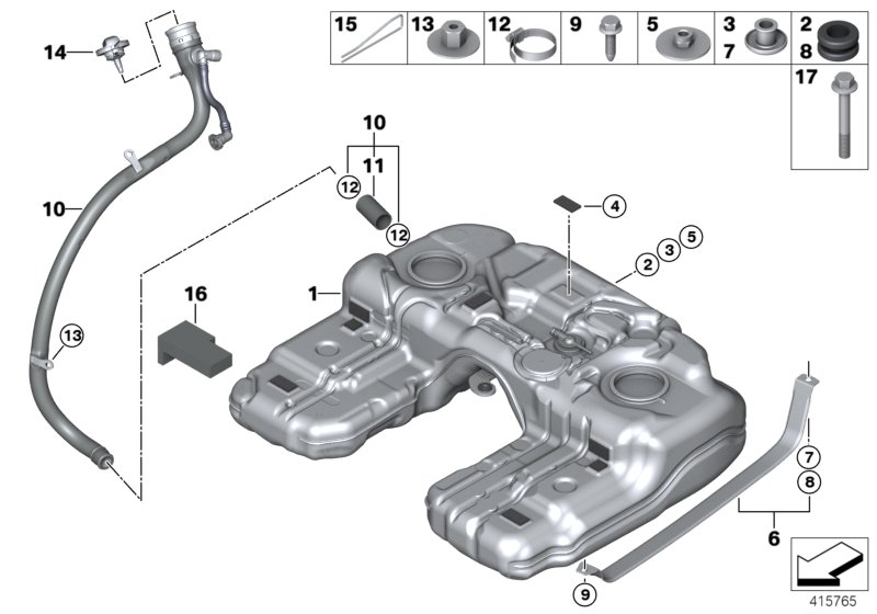 Топливный бак/дополнительные элементы для BMW F15 X5 25d N47S1 (схема запчастей)