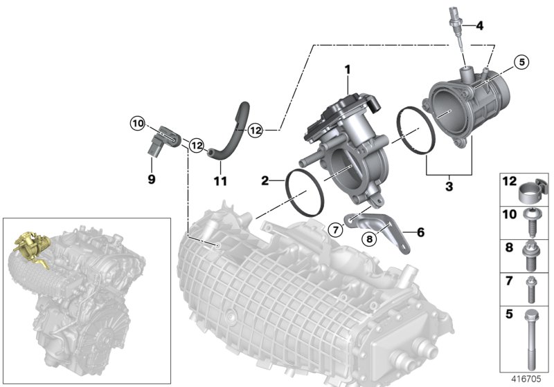 Корпус дроссельной заслонки для BMW I12 i8 B38 (схема запчастей)