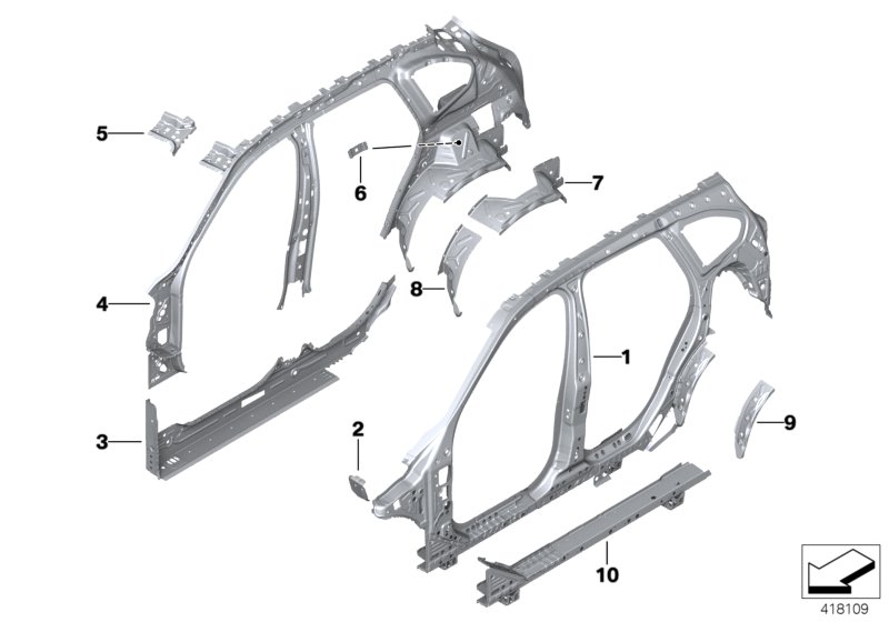 Детали бокового каркаса для BMW F48N X1 20dX B47 (схема запчастей)