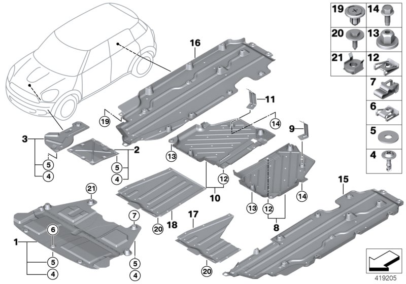 Облицовка днища кузова для MINI R61 Cooper ALL4 N16 (схема запчастей)