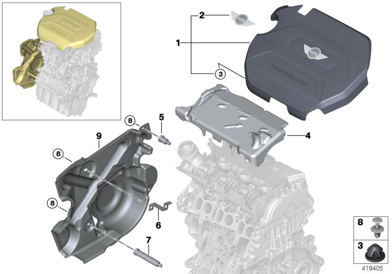 Звукоизоляционный кожух двигателя для BMW F55 Cooper D B37 (схема запчастей)