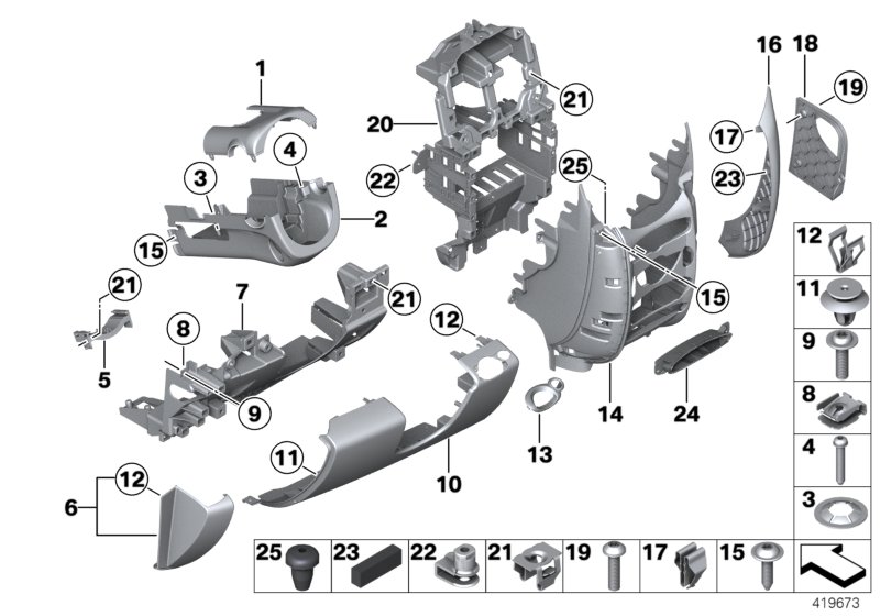 Доп.элементы панели приборов Нж. для BMW R61 Cooper ALL4 N18 (схема запчастей)