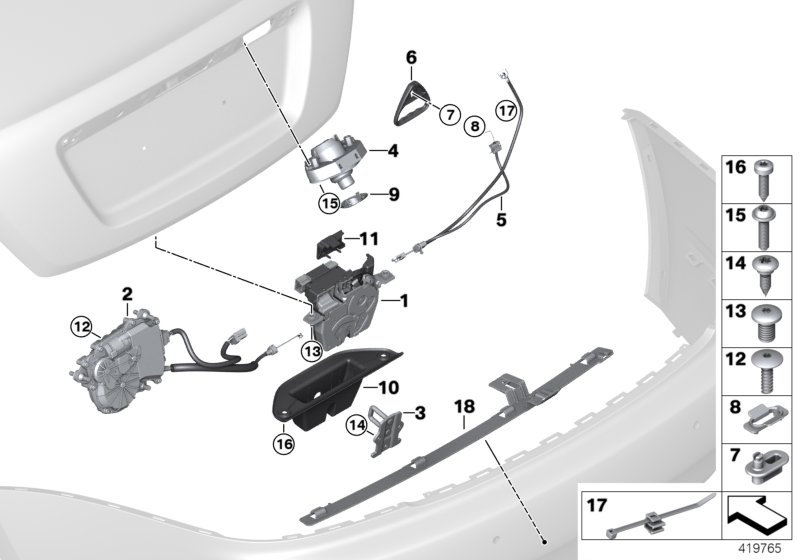 Система замков багажной двери для BMW RR5 Wraith N74R (схема запчастей)