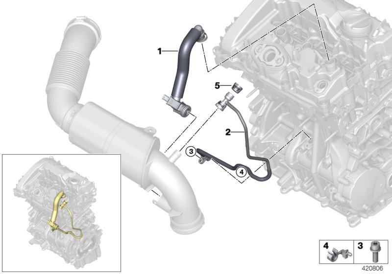 Система вентиляции картера для BMW F60 Cooper B38 (схема запчастей)