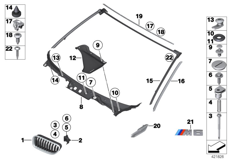 Наружные накладки / декоративные решетки для BMW F06 M6 S63N (схема запчастей)
