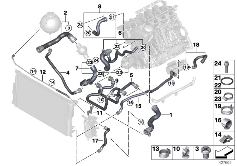 Шланги системы охлаждения для BMW F10 528i N20 (схема запчастей)