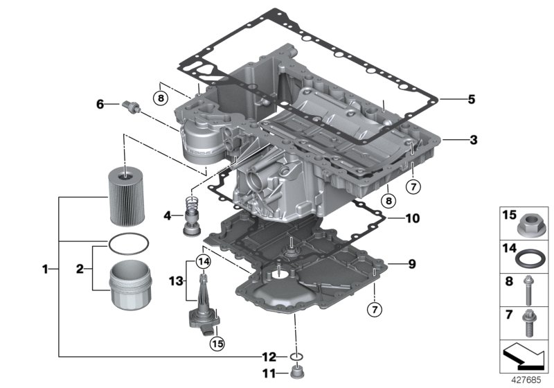 Масляный картер/фильтр/маслоизм.присп для BMW F85 X5 M S63R (схема запчастей)