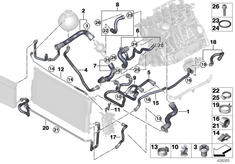 Шланги системы охлаждения для BMW F11 528iX N20 (схема запчастей)