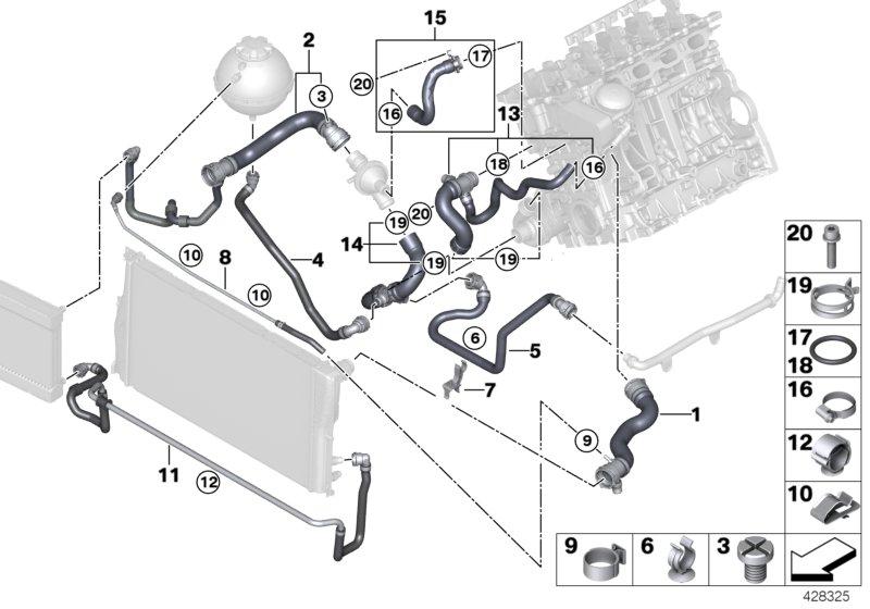 Шланги системы охлаждения для BMW F11 520i N20 (схема запчастей)