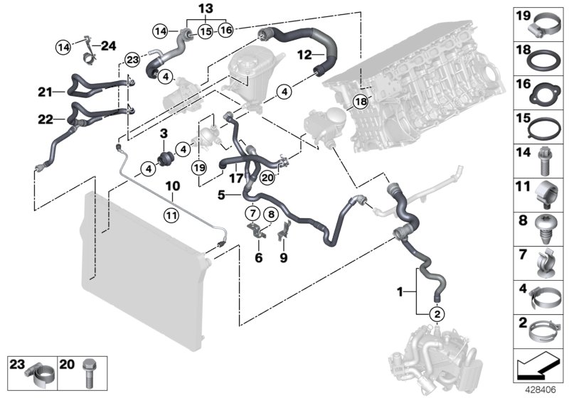 Шланги системы охлаждения для BMW F10 530i N52N (схема запчастей)